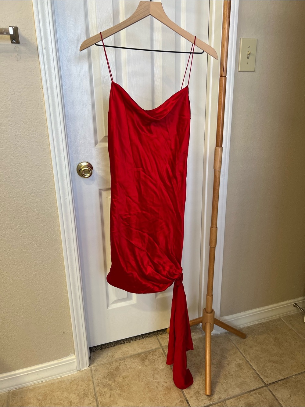 cinq a sept Red Slip Midi Dress with Side Knot